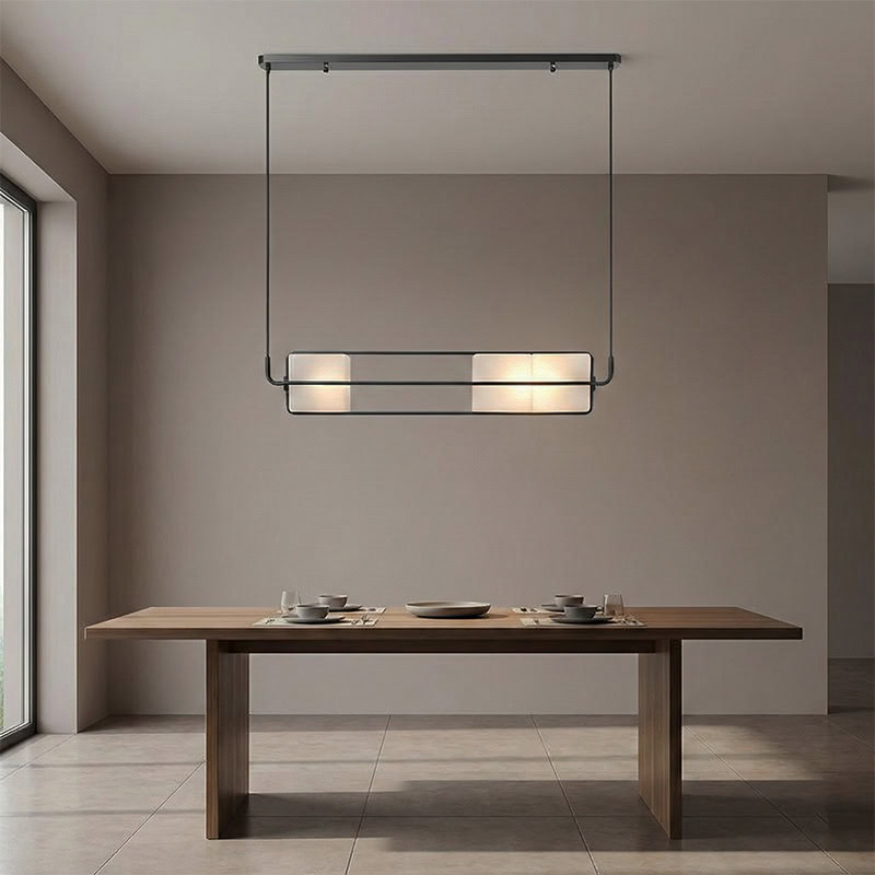 TESA LG281 linear glass cube pendant light with black metal frame and integrated LED, suitable for kitchen, dining, living room, office, and commercial interiors.