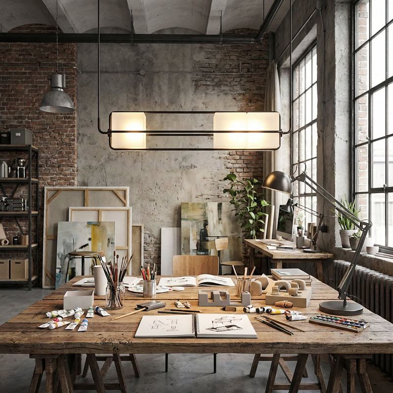 TESA LG281 linear glass cube pendant light with black metal frame and integrated LED, suitable for kitchen, dining, living room, office, and commercial interiors.