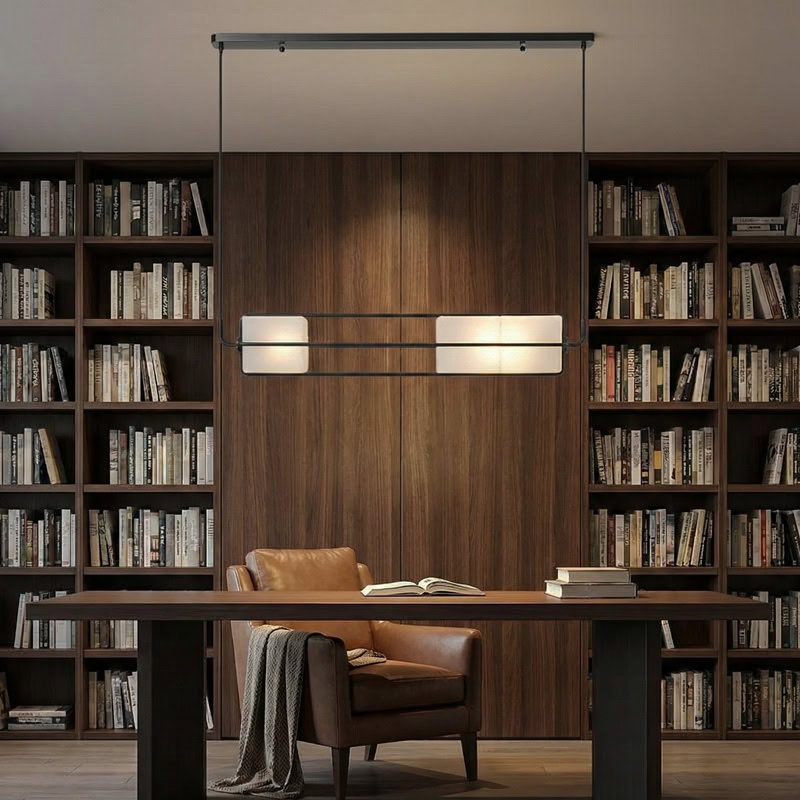 TESA LG281 linear glass cube pendant light with black metal frame and integrated LED, suitable for kitchen, dining, living room, office, and commercial interiors.