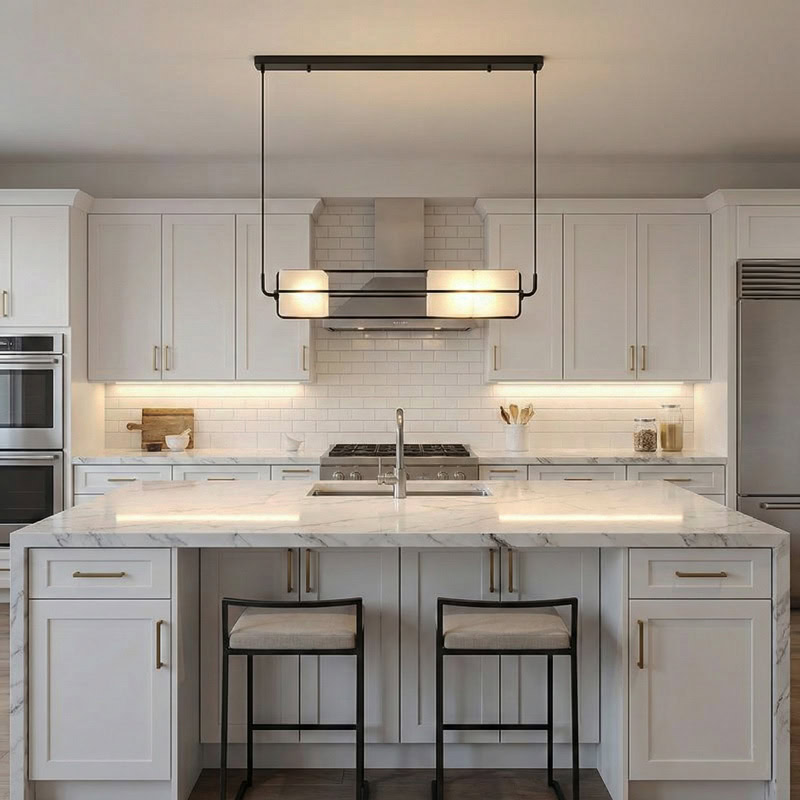TESA LG281 linear glass cube pendant light with black metal frame and integrated LED, suitable for kitchen, dining, living room, office, and commercial interiors.