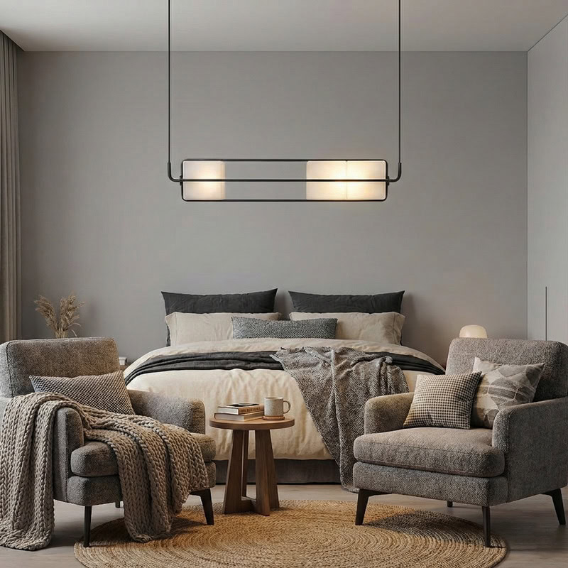 TESA LG281 linear glass cube pendant light with black metal frame and integrated LED, suitable for kitchen, dining, living room, office, and commercial interiors.