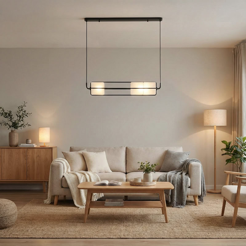 TESA LG281 linear glass cube pendant light with black metal frame and integrated LED, suitable for kitchen, dining, living room, office, and commercial interiors.