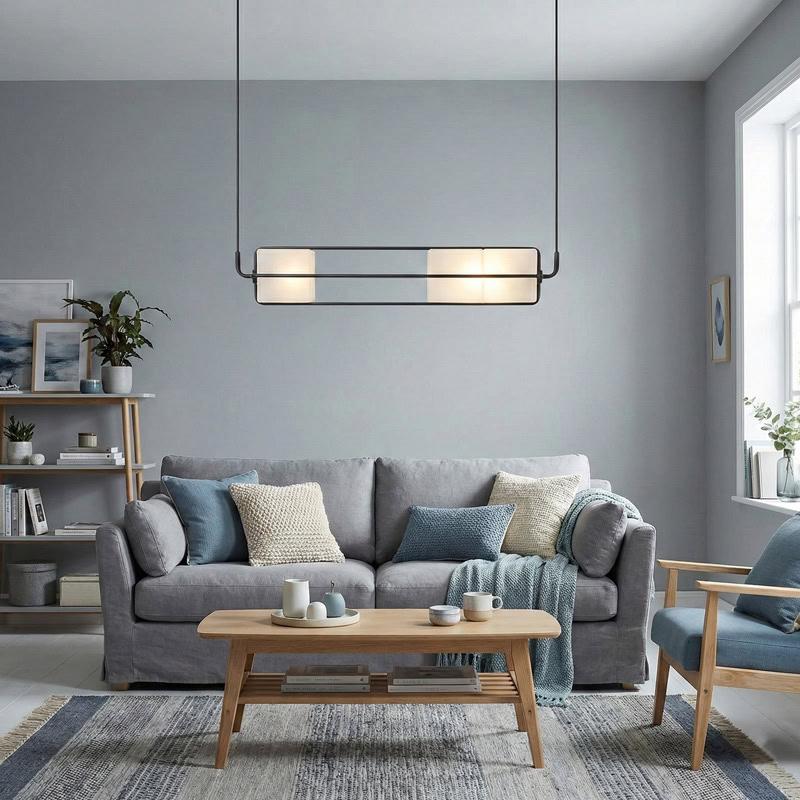 TESA LG281 linear glass cube pendant light with black metal frame and integrated LED, suitable for kitchen, dining, living room, office, and commercial interiors.