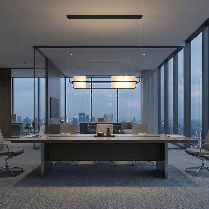 TESA LG281 linear glass cube pendant light with black metal frame and integrated LED, suitable for kitchen, dining, living room, office, and commercial interiors.