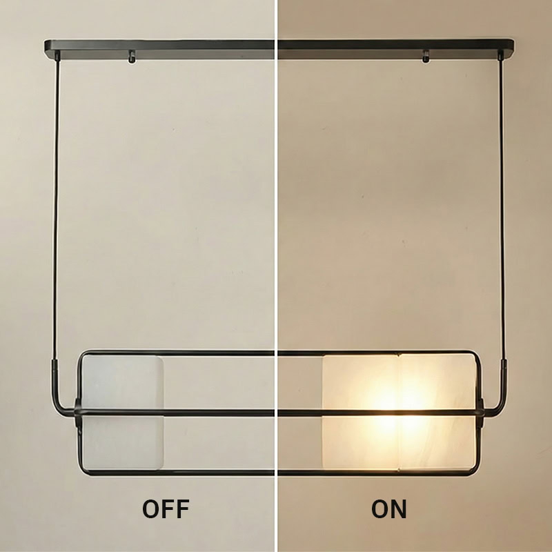 TESA LG281 linear glass cube pendant light with black metal frame and integrated LED, suitable for kitchen, dining, living room, office, and commercial interiors.