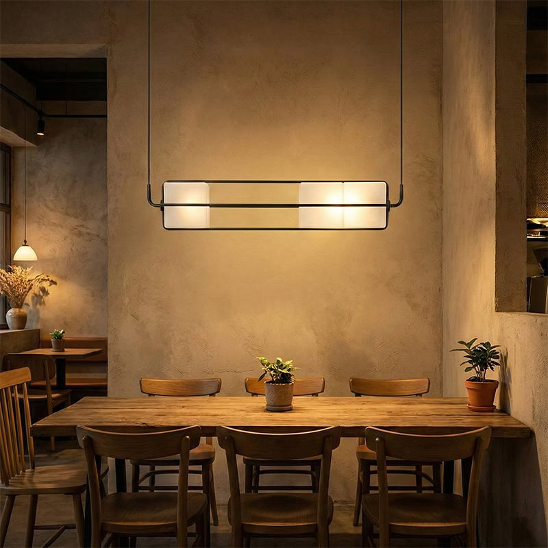 TESA LG281 linear glass cube pendant light with black metal frame and integrated LED, suitable for kitchen, dining, living room, office, and commercial interiors.