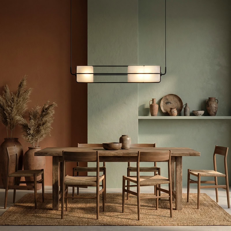 TESA LG281 linear glass cube pendant light with black metal frame and integrated LED, suitable for kitchen, dining, living room, office, and commercial interiors.