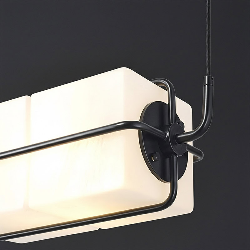 TESA LG281 linear glass cube pendant light with black metal frame and integrated LED, suitable for kitchen, dining, living room, office, and commercial interiors.