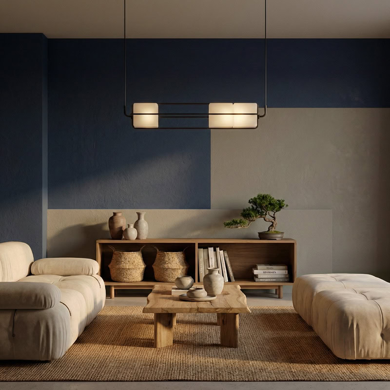 TESA LG281 linear glass cube pendant light with black metal frame and integrated LED, suitable for kitchen, dining, living room, office, and commercial interiors.