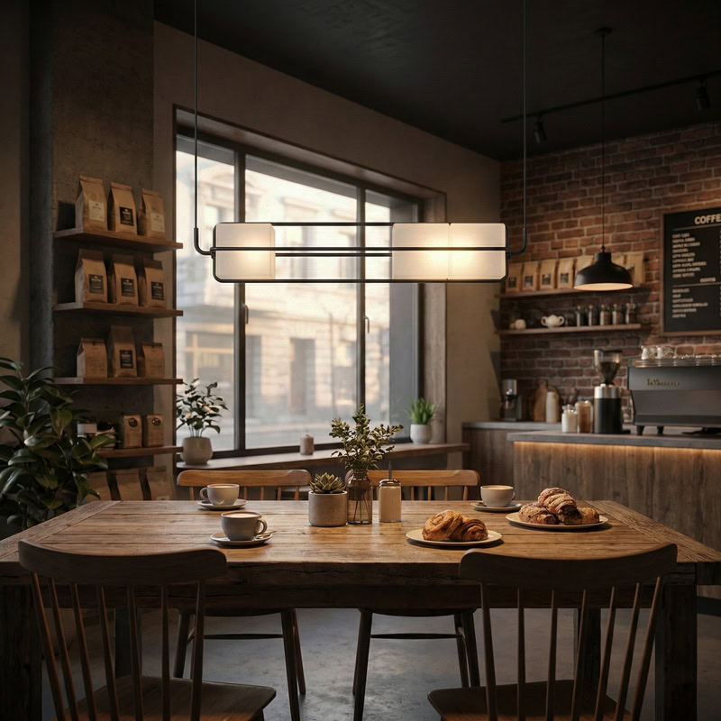 TESA LG281 linear glass cube pendant light with black metal frame and integrated LED, suitable for kitchen, dining, living room, office, and commercial interiors.