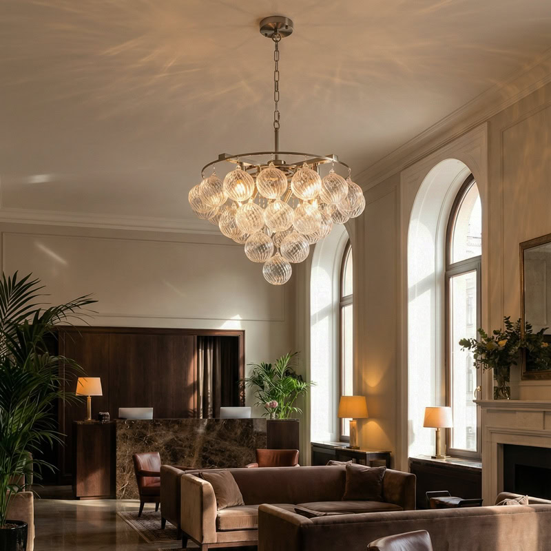 FOSCHO LG304 tiered glass bubble chandelier with multi-globe glass orbs and modern sculptural hanging light design