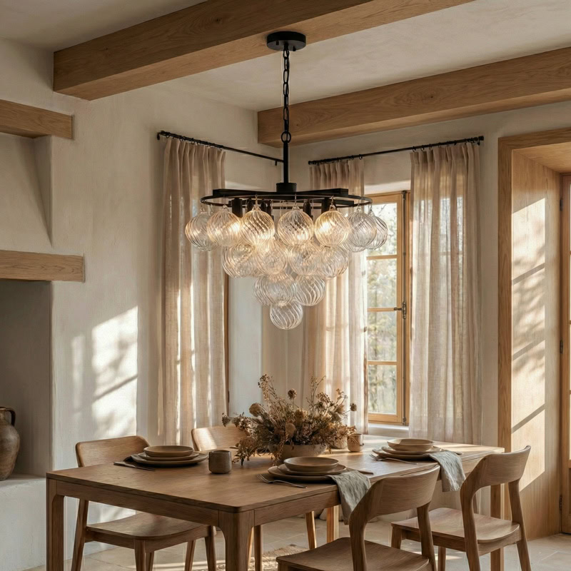 FOSCHO LG304 tiered glass bubble chandelier with multi-globe glass orbs and modern sculptural hanging light design
