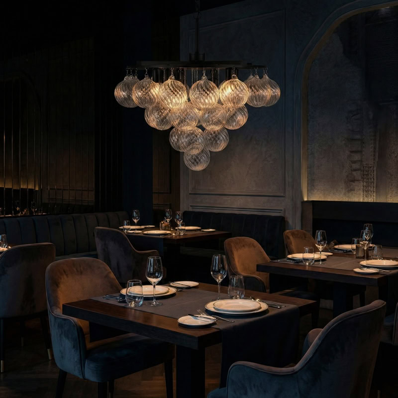 FOSCHO LG304 tiered glass bubble chandelier with multi-globe glass orbs and modern sculptural hanging light design