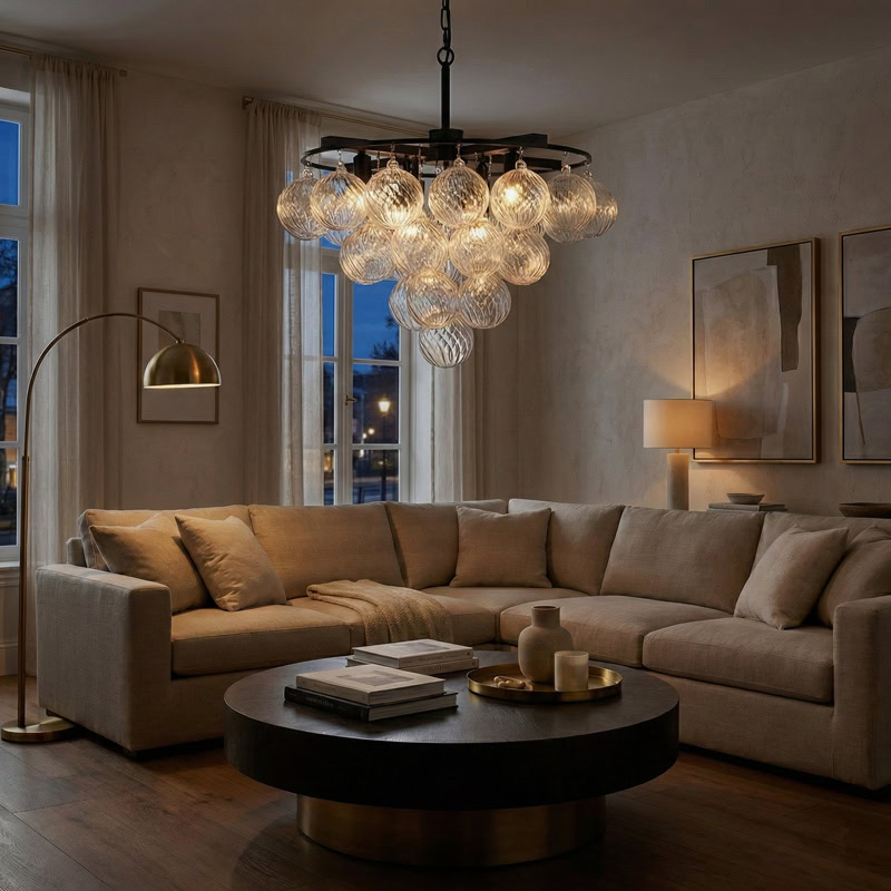 FOSCHO LG304 tiered glass bubble chandelier with multi-globe glass orbs and modern sculptural hanging light design