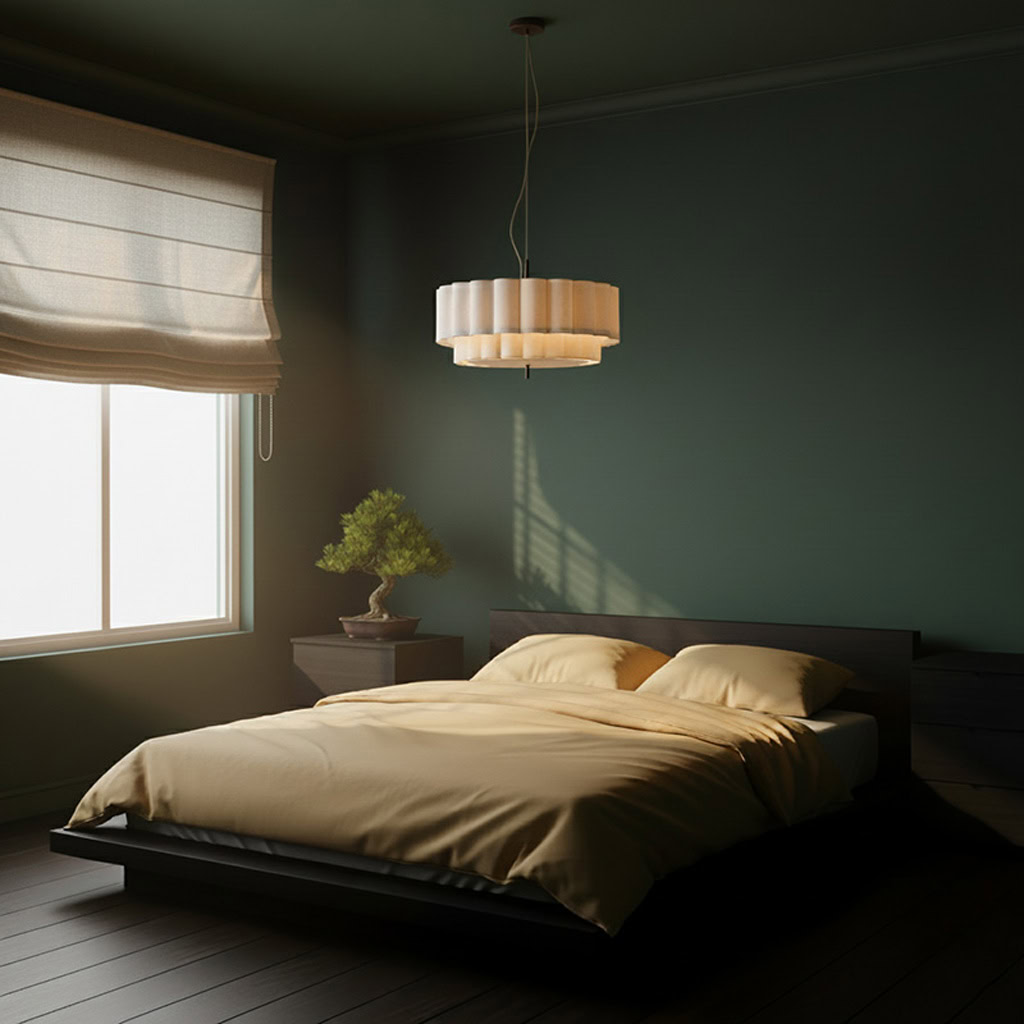 Japandi bedroom with soft linen bedside lamps and neutral bedding