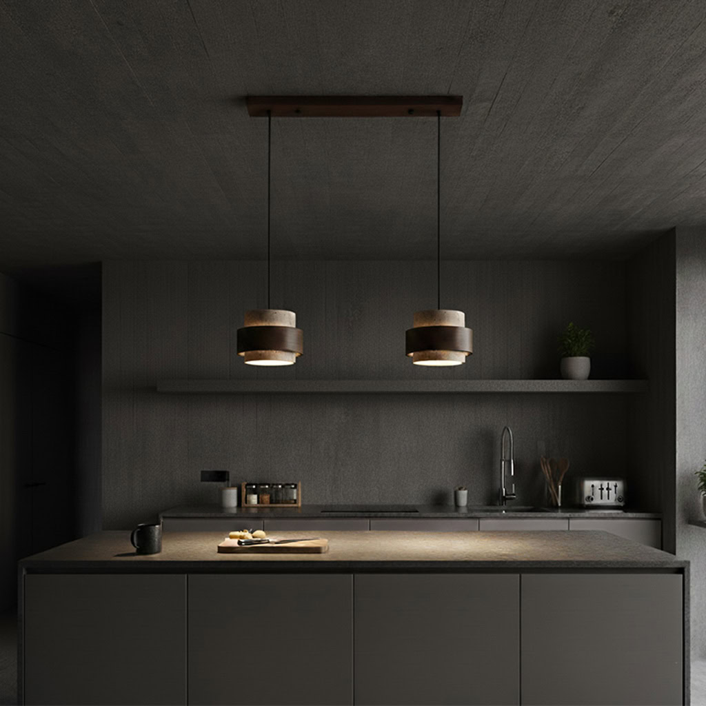 Japandi stone and woodeb pendant light over minimalist kitchen Island with dark tones