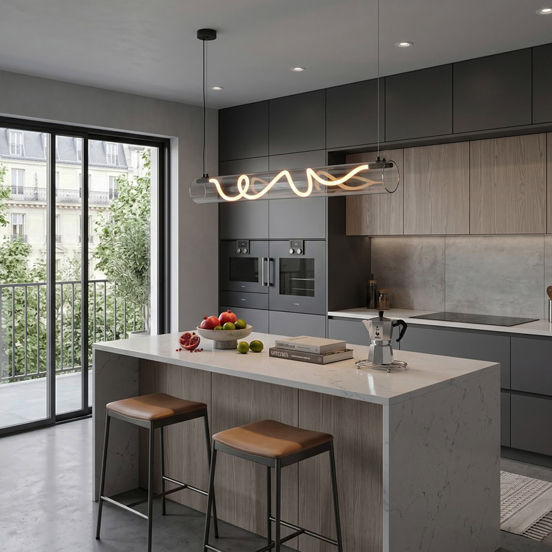 CUERLUZ LG340 linear tube rope pendant light with soft 360-degree LED illumination and silicone rope accent for modern interiors