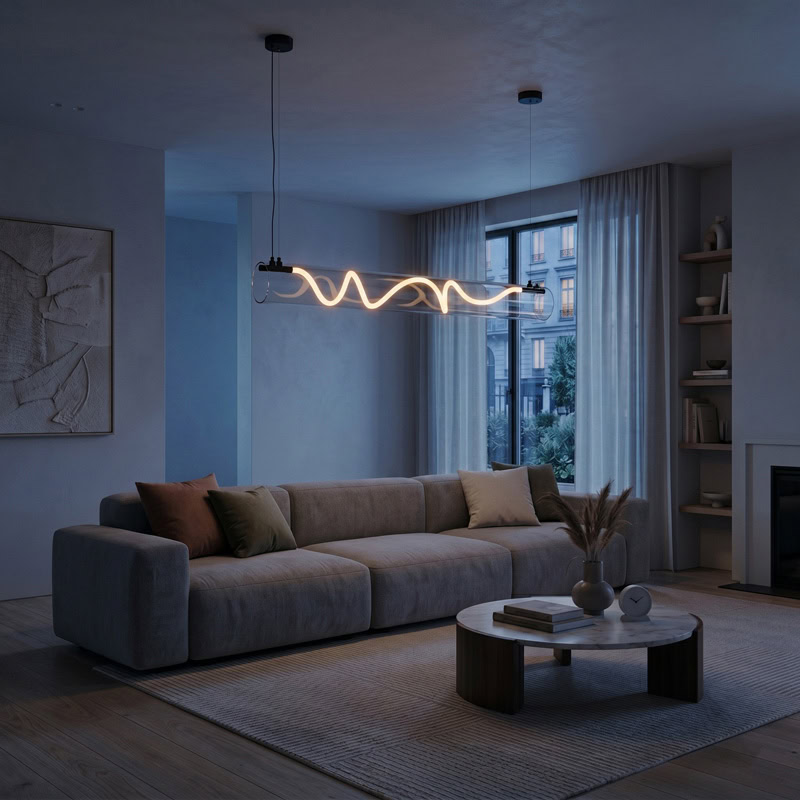 CUERLUZ LG340 linear tube rope pendant light with soft 360-degree LED illumination and silicone rope accent for modern interiors