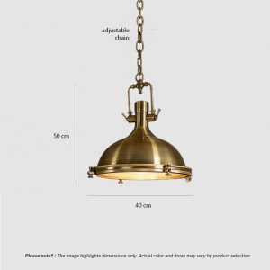 Nautical industrial dome pendant light with adjustable chain, riveted rim detail, and ambient downward glow for residential and commercial interiors