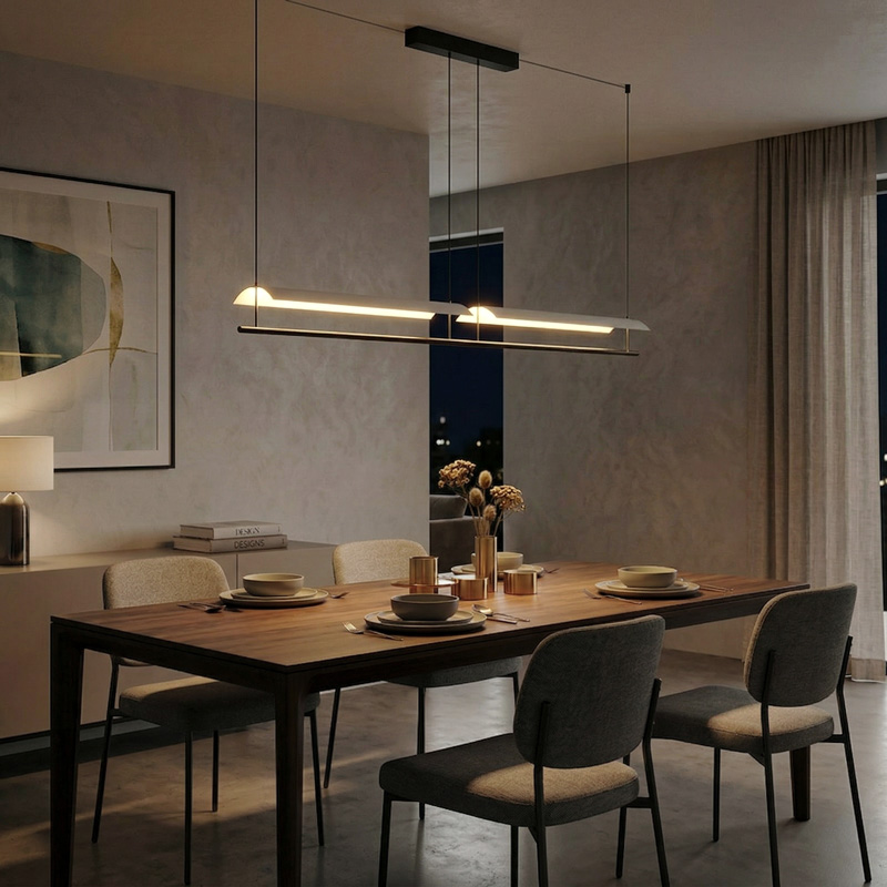 OBLIQ LG319 wabi-sabi curved indirect linear pendant light black finish ambient LED hanging light for kitchen dining living and commercial spaces