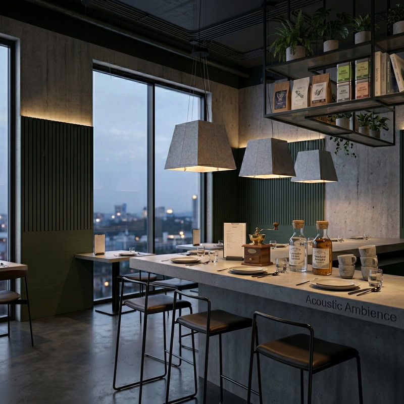Acoustic pyramid pendant light in felt finish, suspended from black ceiling canopy.