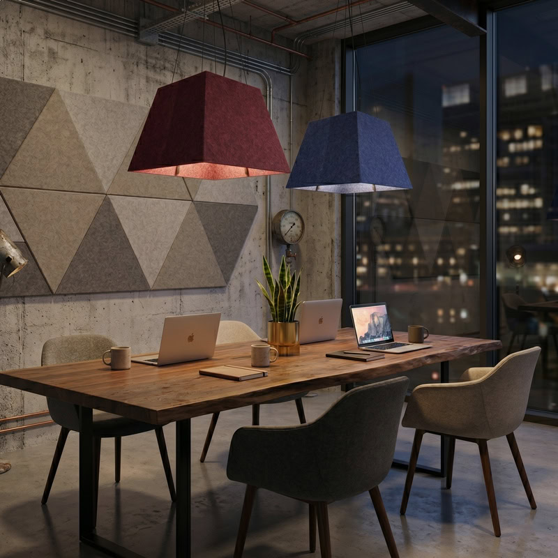 Acoustic pyramid pendant light in felt finish, suspended from black ceiling canopy.