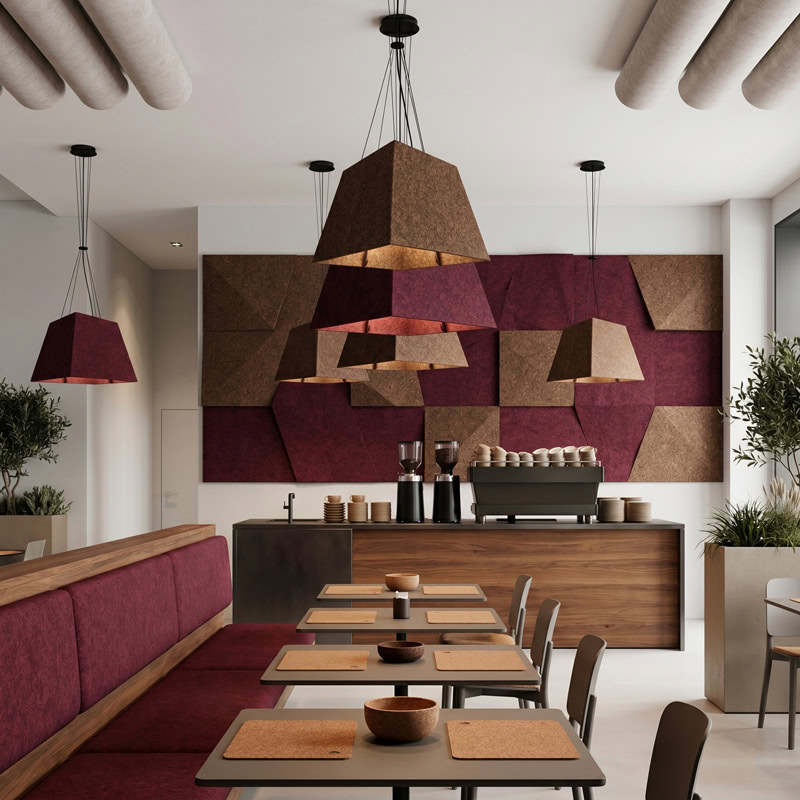 Acoustic pyramid pendant light in felt finish, suspended from black ceiling canopy.