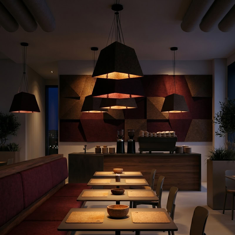 Acoustic pyramid pendant light in felt finish, suspended from black ceiling canopy.