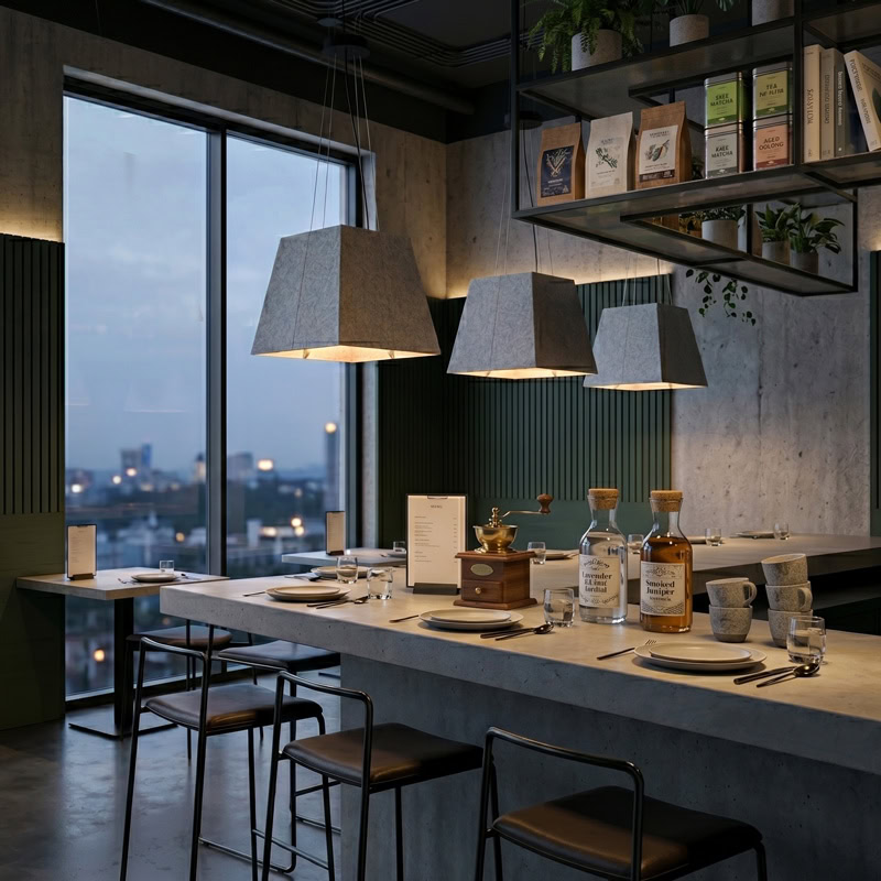Acoustic pyramid pendant light in felt finish, suspended from black ceiling canopy.