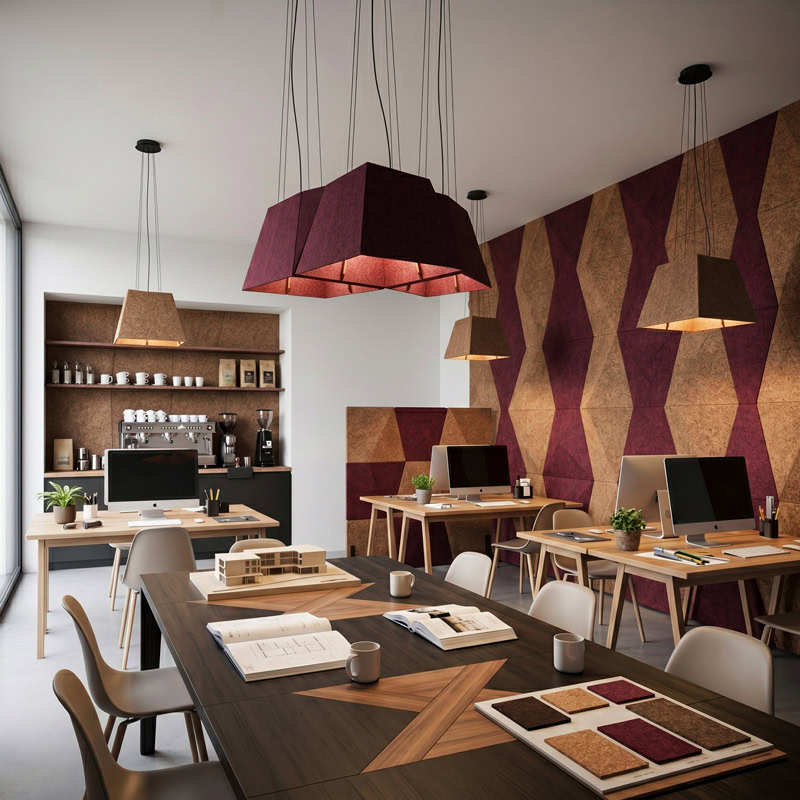 Acoustic pyramid pendant light in felt finish, suspended from black ceiling canopy.