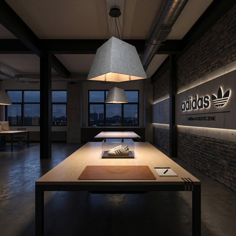 Acoustic pyramid pendant light in felt finish, suspended from black ceiling canopy.