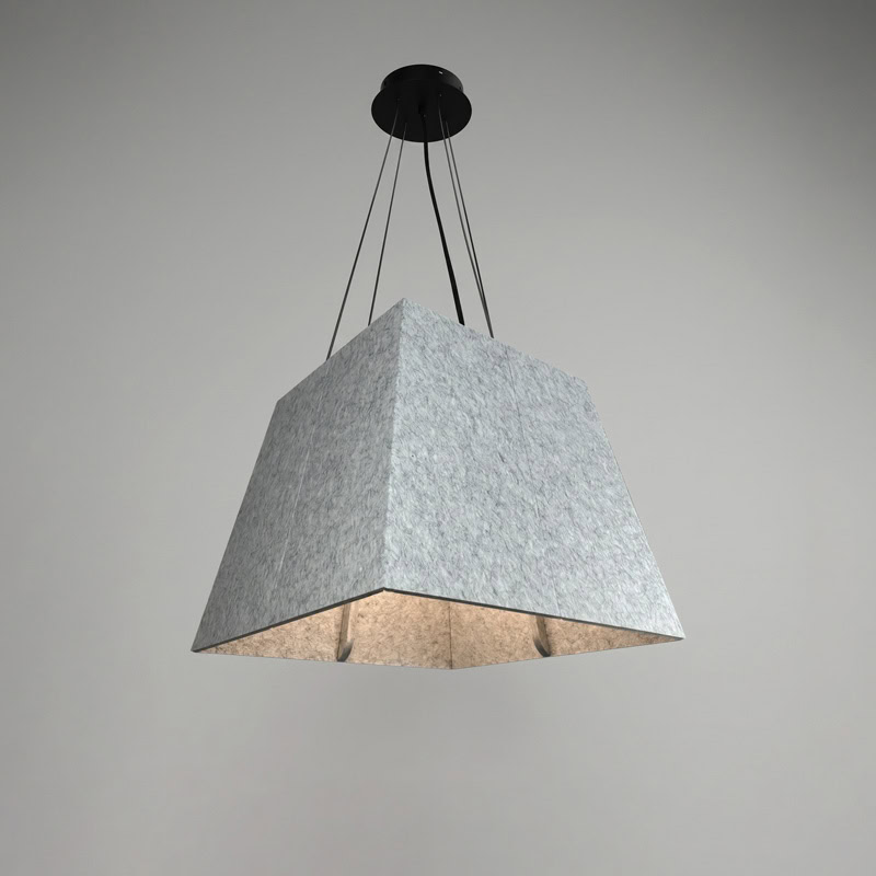 Acoustic pyramid pendant light in felt finish, suspended from black ceiling canopy.