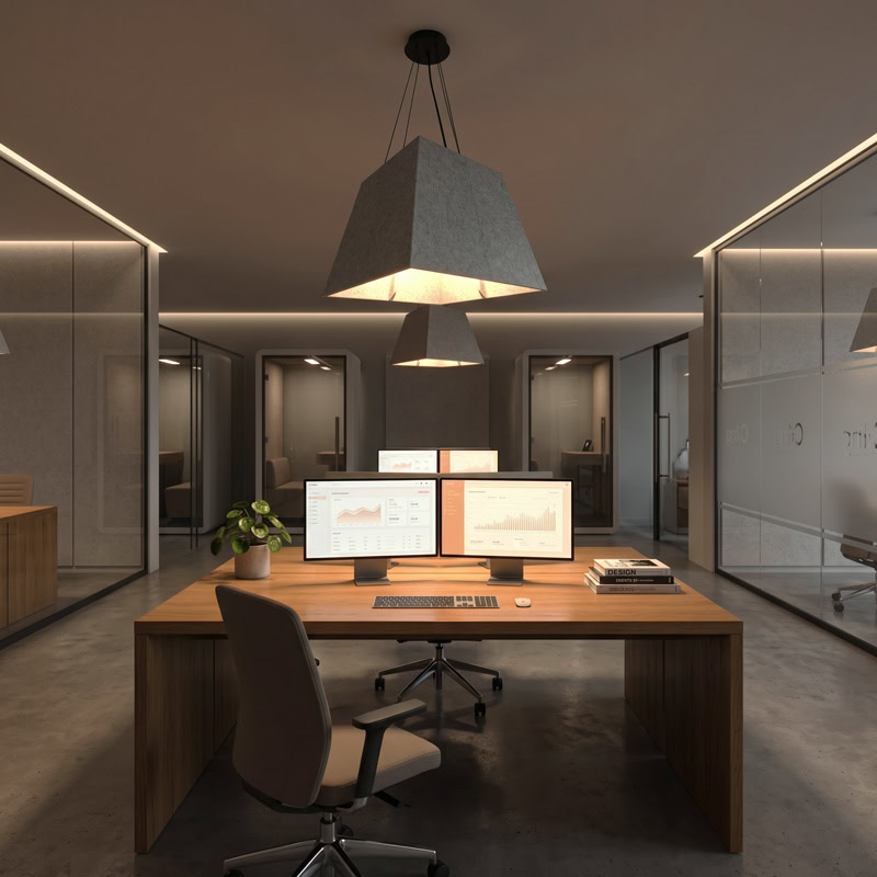 Acoustic pyramid pendant light in felt finish, suspended from black ceiling canopy.