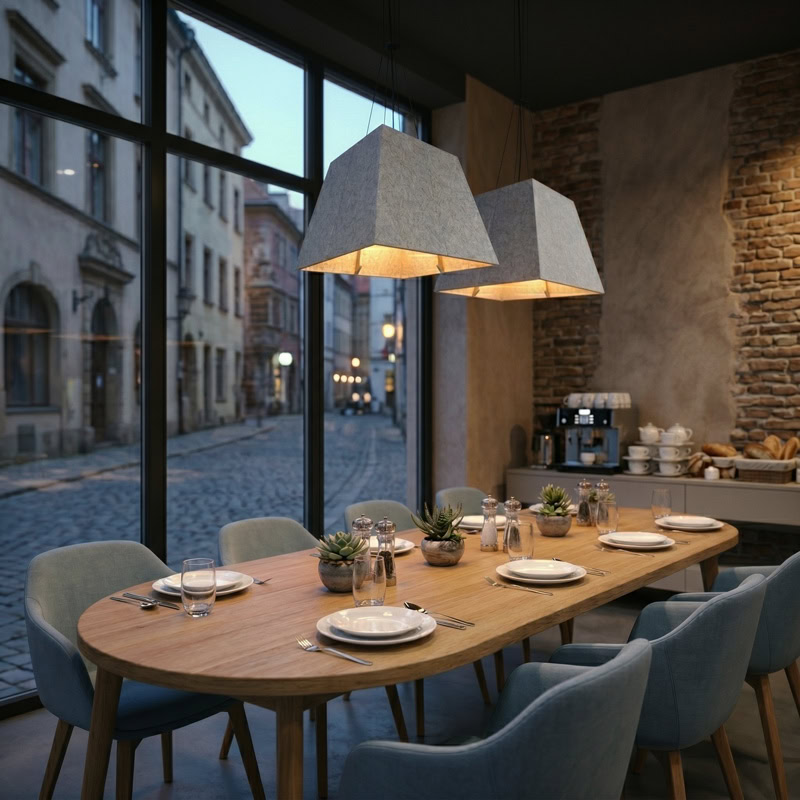 Acoustic pyramid pendant light in felt finish, suspended from black ceiling canopy.