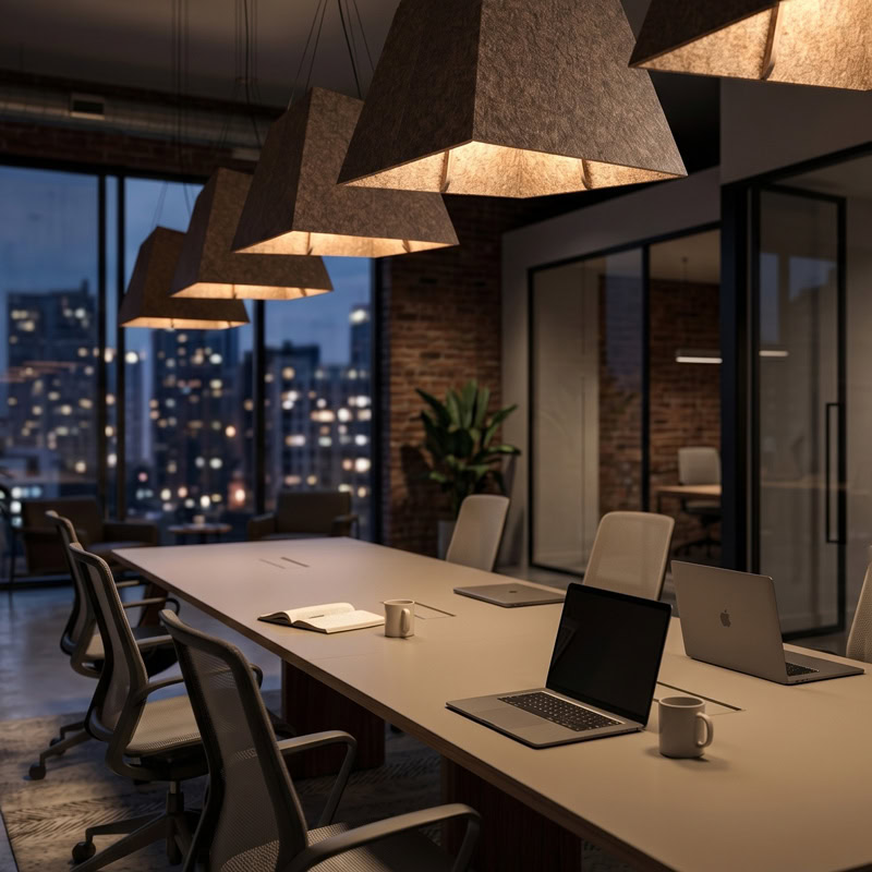 Acoustic pyramid pendant light in felt finish, suspended from black ceiling canopy.