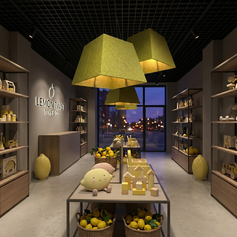 Acoustic pyramid pendant light in felt finish, suspended from black ceiling canopy.