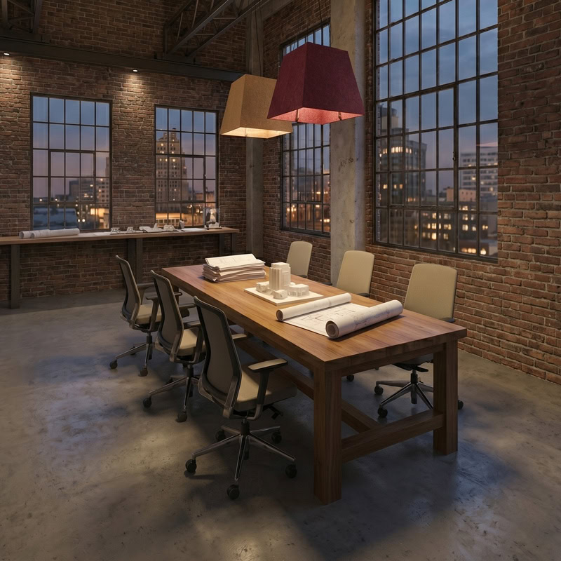 Acoustic pyramid pendant light in felt finish, suspended from black ceiling canopy.