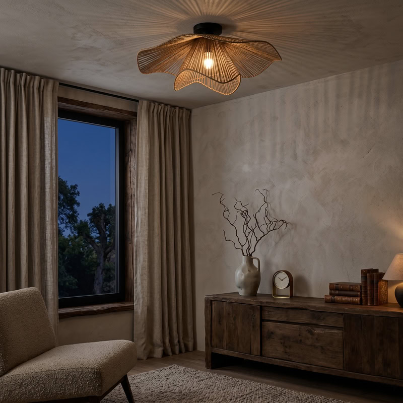 Hand woven decorative ceiling light with rustic boho woven shade and soft ambient glow for modern interiors