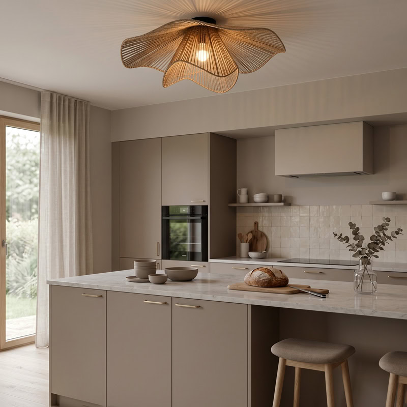 Hand woven decorative ceiling light with rustic boho woven shade and soft ambient glow for modern interiors