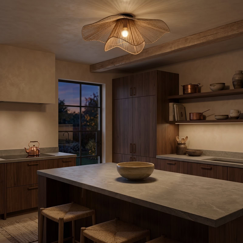 Hand woven decorative ceiling light with rustic boho woven shade and soft ambient glow for modern interiors