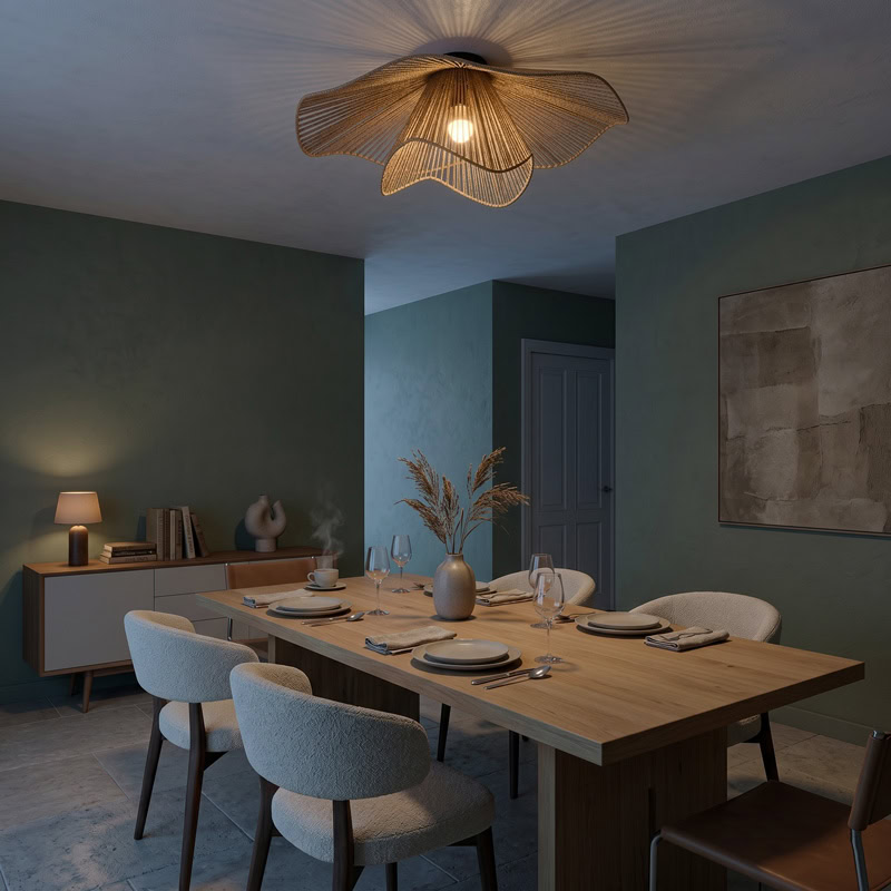 Hand woven decorative ceiling light with rustic boho woven shade and soft ambient glow for modern interiors