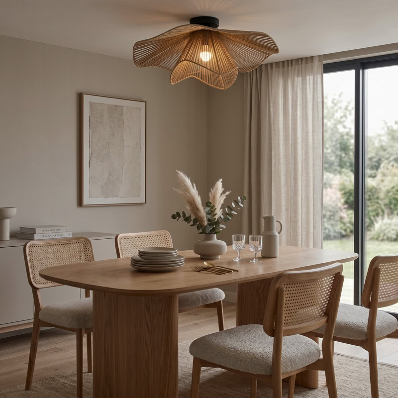 Hand woven decorative ceiling light with rustic boho woven shade and soft ambient glow for modern interiors