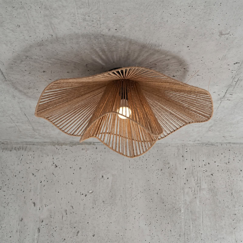 Hand woven decorative ceiling light with rustic boho woven shade and soft ambient glow for modern interiors
