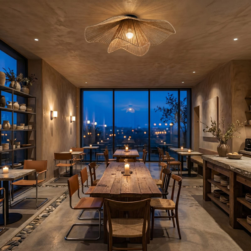 Hand woven decorative ceiling light with rustic boho woven shade and soft ambient glow for modern interiors