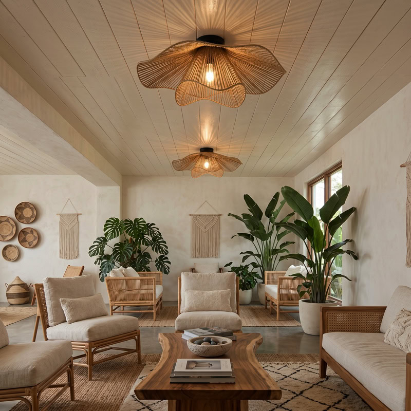 Hand woven decorative ceiling light with rustic boho woven shade and soft ambient glow for modern interiors