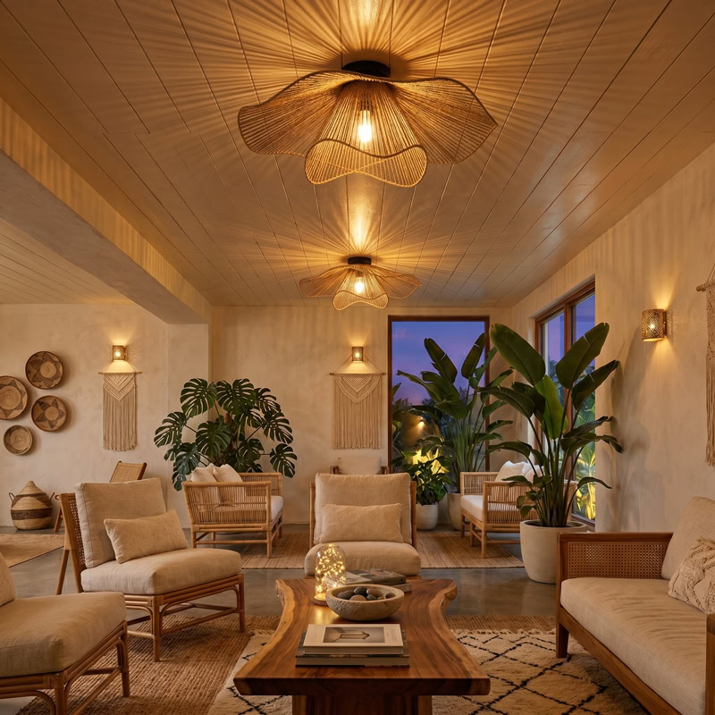 Hand woven decorative ceiling light with rustic boho woven shade and soft ambient glow for modern interiors