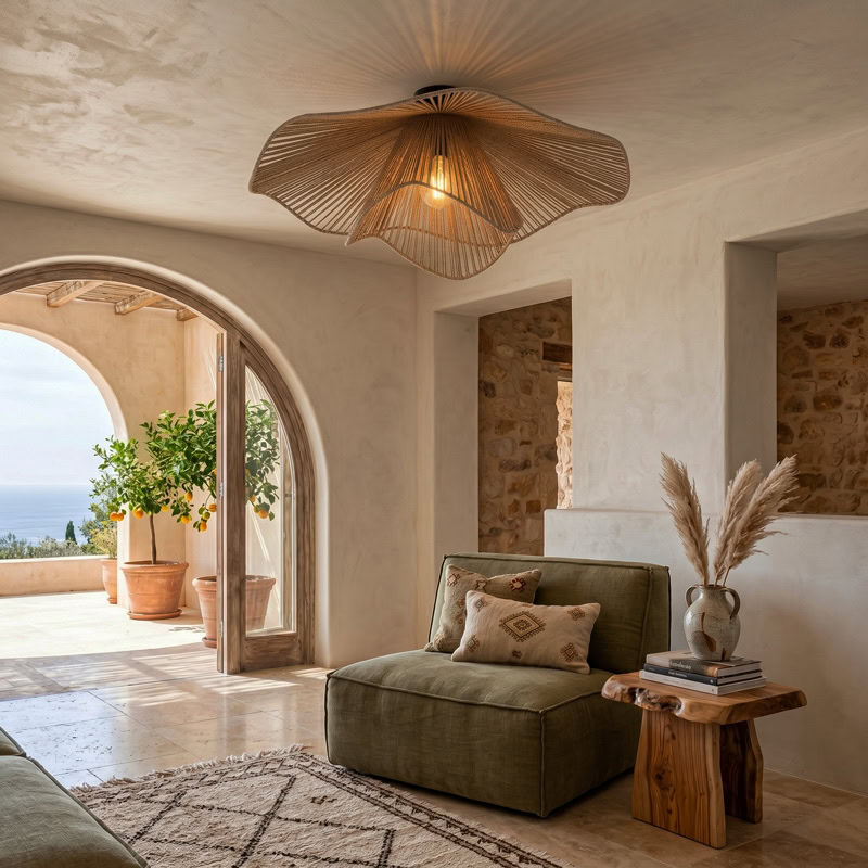 Hand woven decorative ceiling light with rustic boho woven shade and soft ambient glow for modern interiors