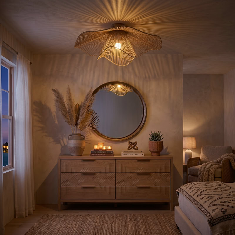 Hand woven decorative ceiling light with rustic boho woven shade and soft ambient glow for modern interiors