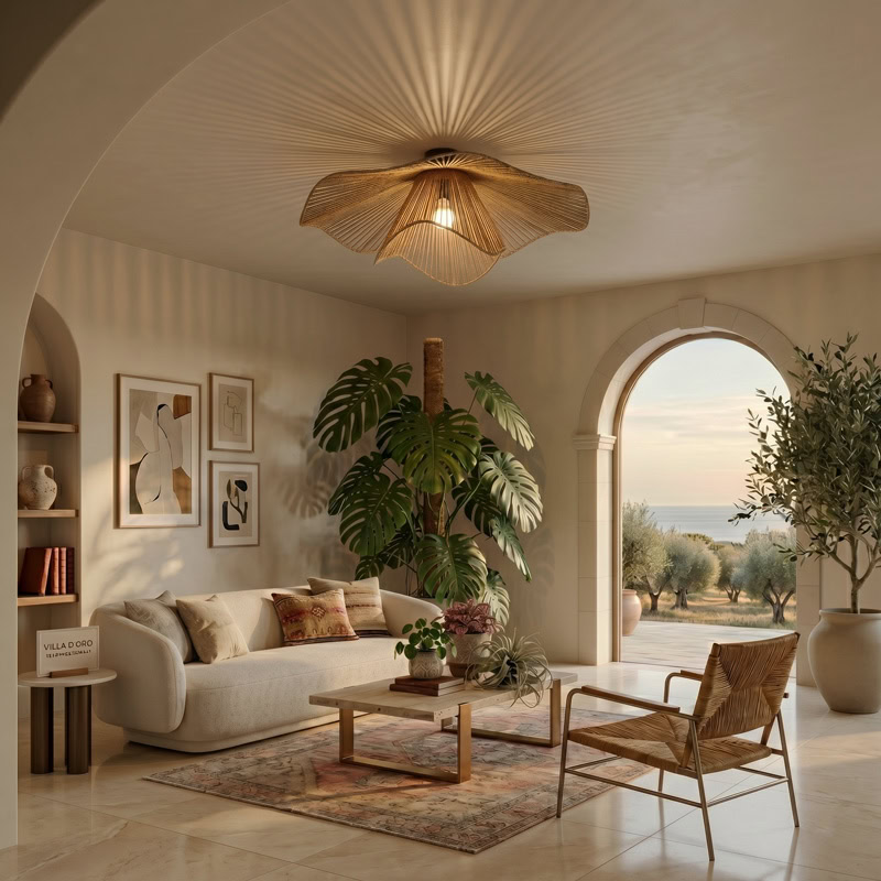 Hand woven decorative ceiling light with rustic boho woven shade and soft ambient glow for modern interiors