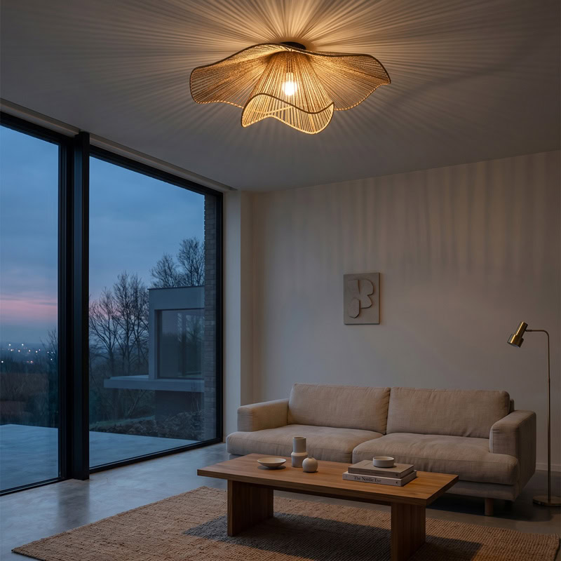 Hand woven decorative ceiling light with rustic boho woven shade and soft ambient glow for modern interiors